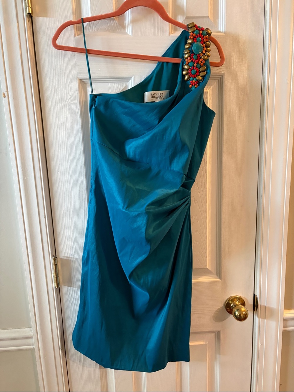 Badgley Mischka Teal One-Shoulder Midi Dress with Beaded Shoulder Detail
